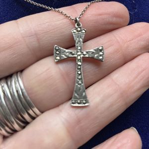 Antique Vintage Victorian Sterling Silver Cross Marcasites Engraved  Chain 16”